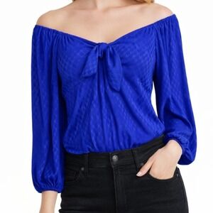 Express NWT Womens Cobalt Blue Jacquard Off Shoulder Tie Front Bodysuit Large
